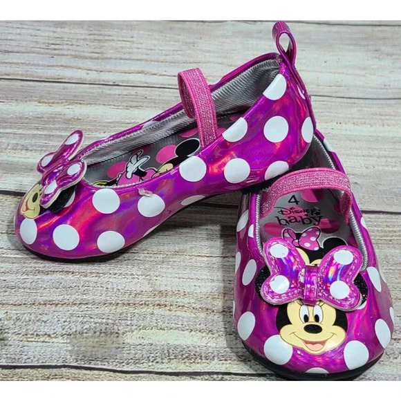 Disney Baby Other - Disney Baby Minnie Mouse Mary Jane Flats Baby Size 4 Pink White Polka Dots Bows